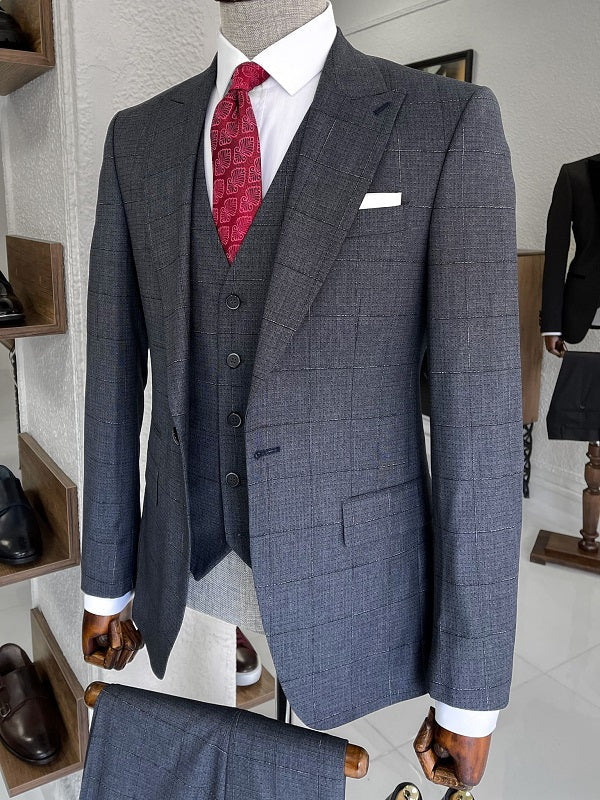 Mazonni Louis Navy Blue Slim Fit Peak Lapel Plaid Wool Suit