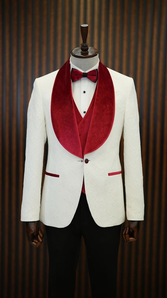 Mazonni Paruri Red Slim Fit Velvet Shawl Lapel Wool Tuxedo