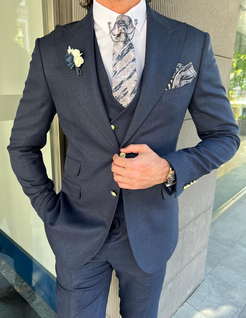 Mazonni Danielle Navy Blue Slim Fit Peak Lapel Suit