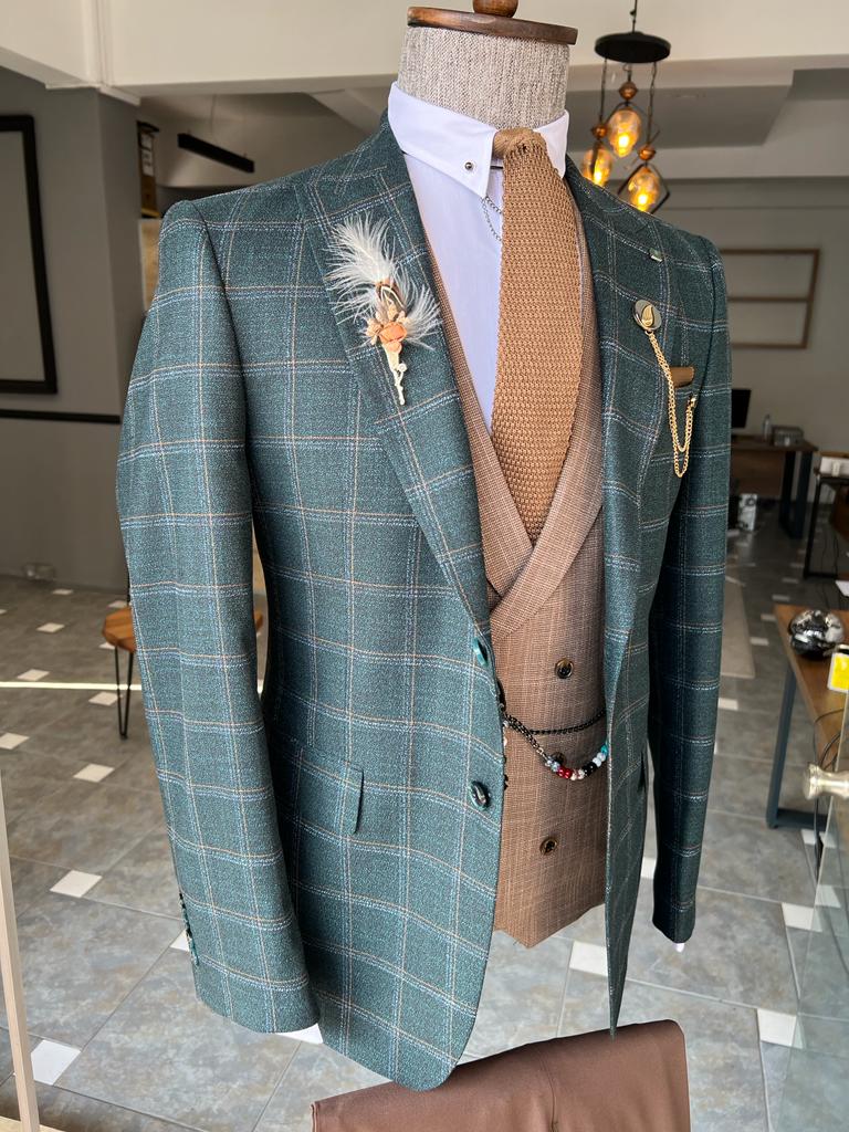 Mazonni Dayton Green Slim Fit Peak Lapel Plaid Suit