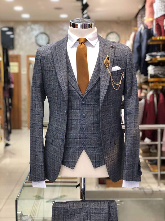 Slim-Fit Plaid Suit Vest Gray