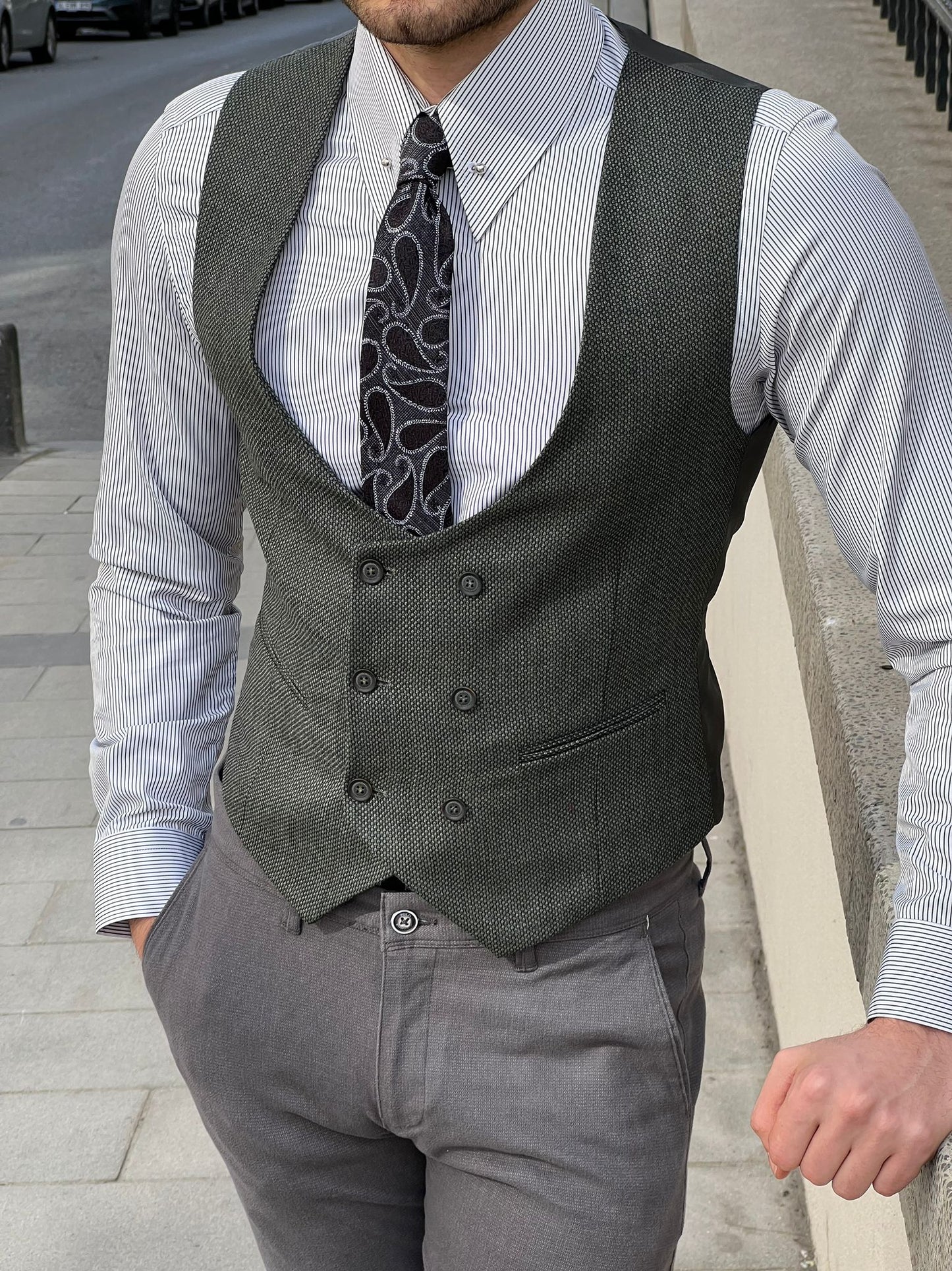 Mazonni Montebello Slim Fit Double Breasted Green Vest