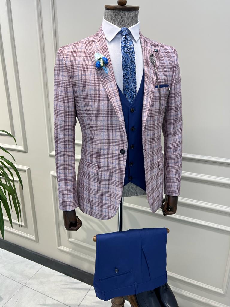 Benson Slim Fit Plaid Striped Combination Blue Suit