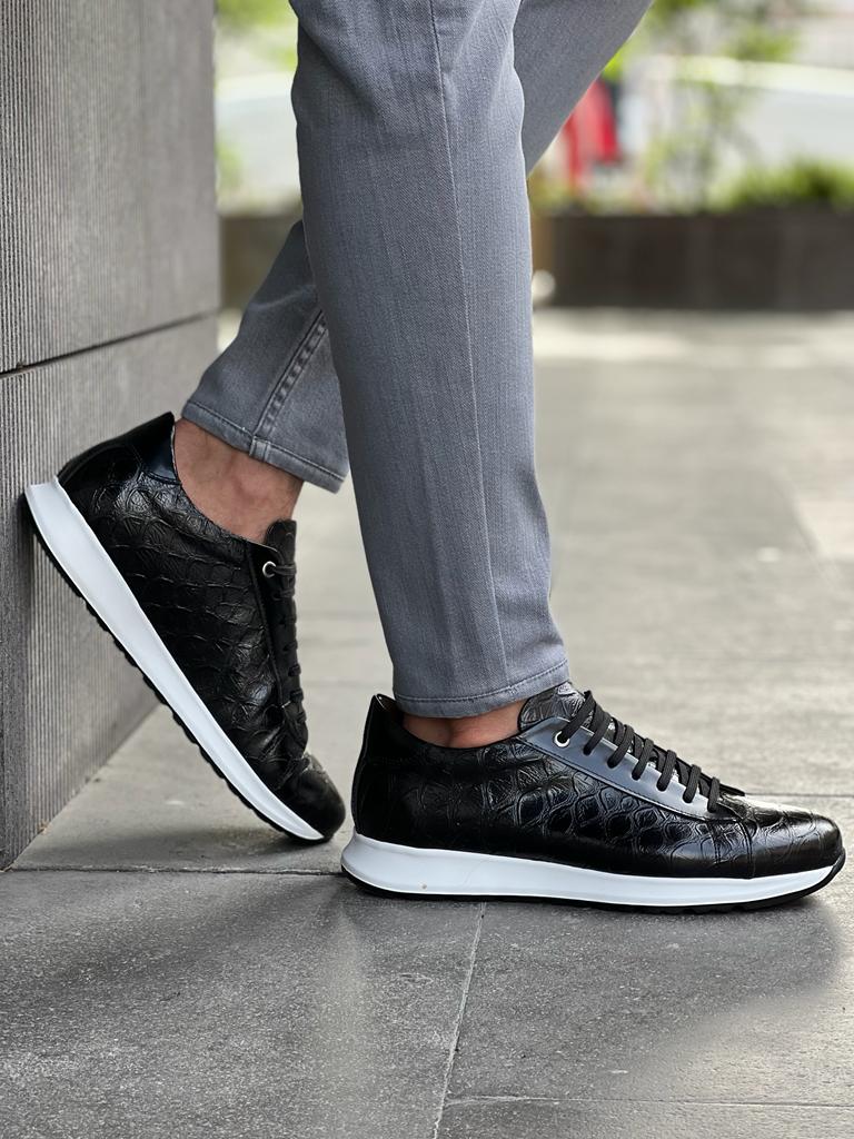 Benson Eva Sole Croc. Detailed Black Sneakers