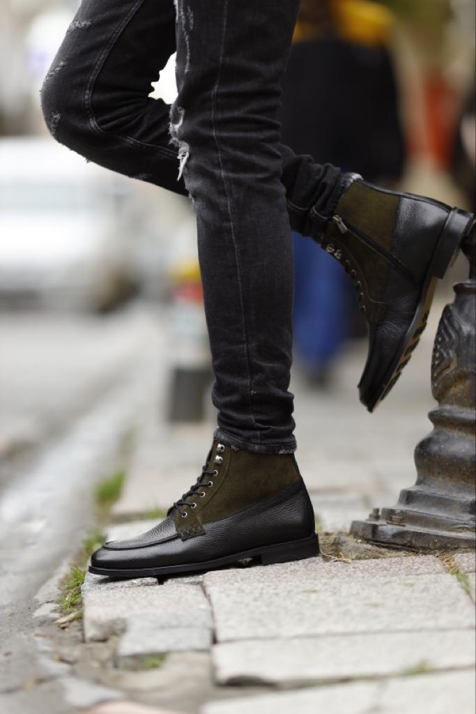 Leon Suede & Leather Detailed Black Khaki Boots