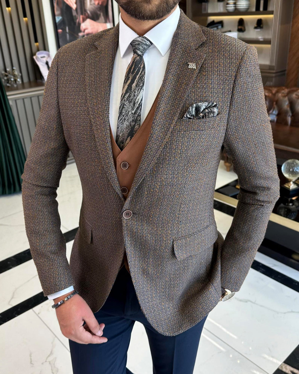 Mazonni Iowa Brown Wool Plaid Slim Fit Suit