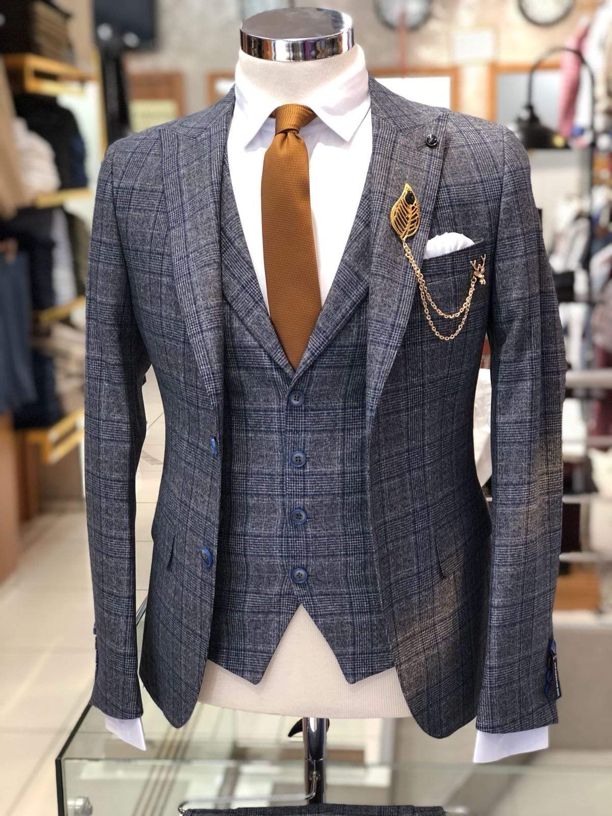 Slim-Fit Plaid Suit Vest Gray