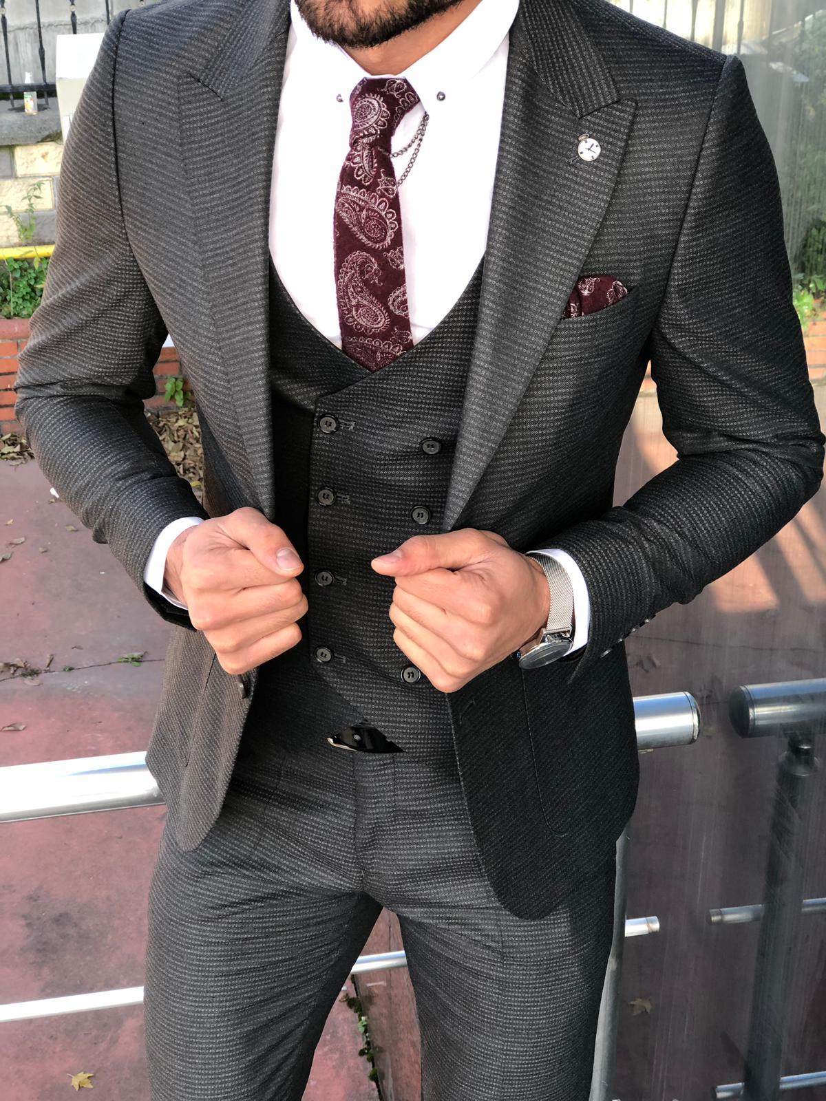 Slim-Fit Patterned  Suit Vest Anthracite