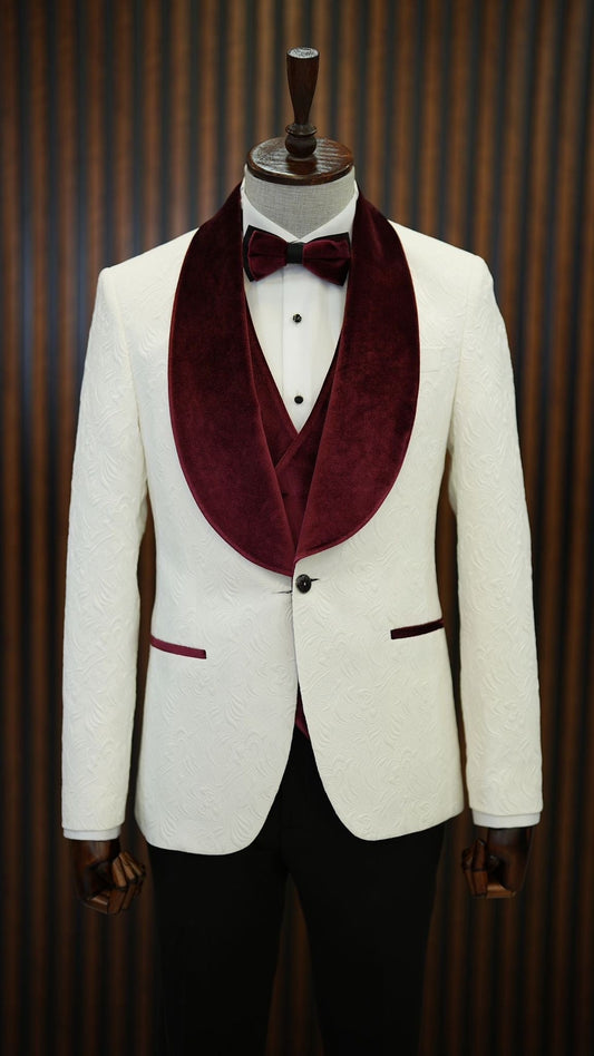 Mazonni Paruri Burgundy Slim Fit Velvet Shawl Lapel Wool Tuxedo