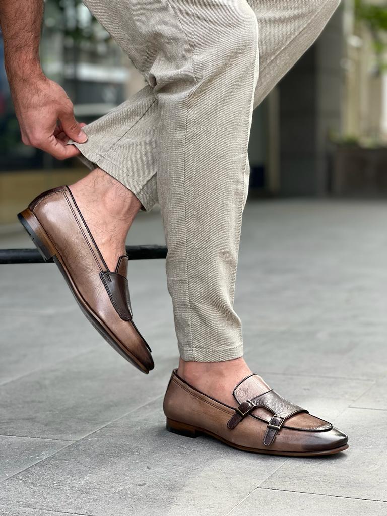 Benson Double Buckled Detailed Genuine Beige Loafer