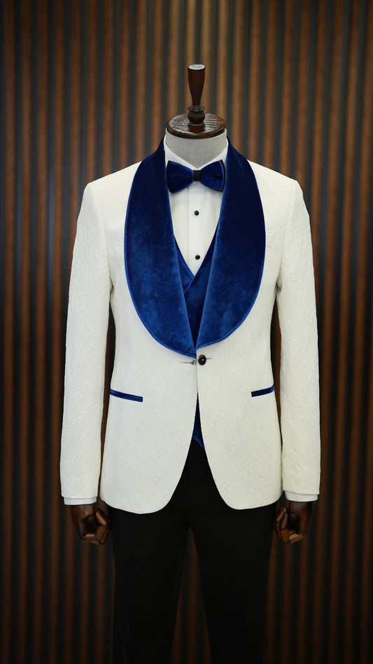 Mazonni Paruri Blue Slim Fit Velvet Shawl Lapel Wool Tuxedo