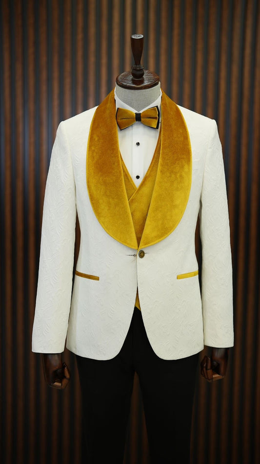 Mazonni Paruri Yellow Slim Fit Velvet Shawl Lapel Wool Tuxedo