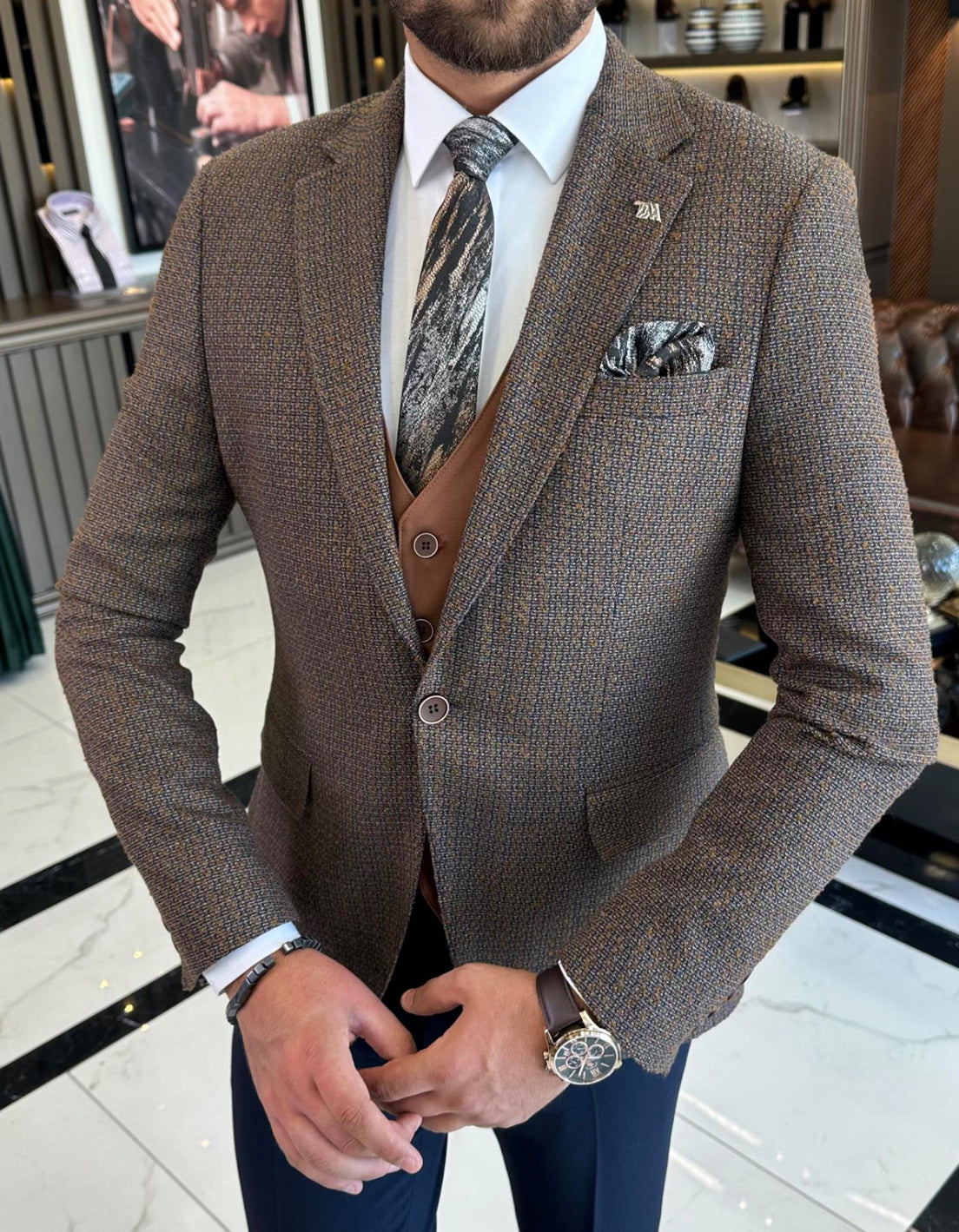 Mazonni Iowa Brown Wool Plaid Slim Fit Suit