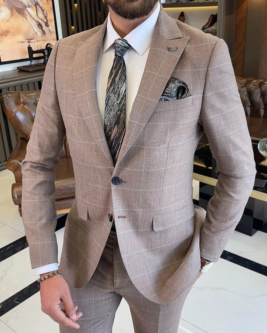 Mazonni  Sheffield Brown Slim Fit 2 Piece Peak Lapel Check Suit