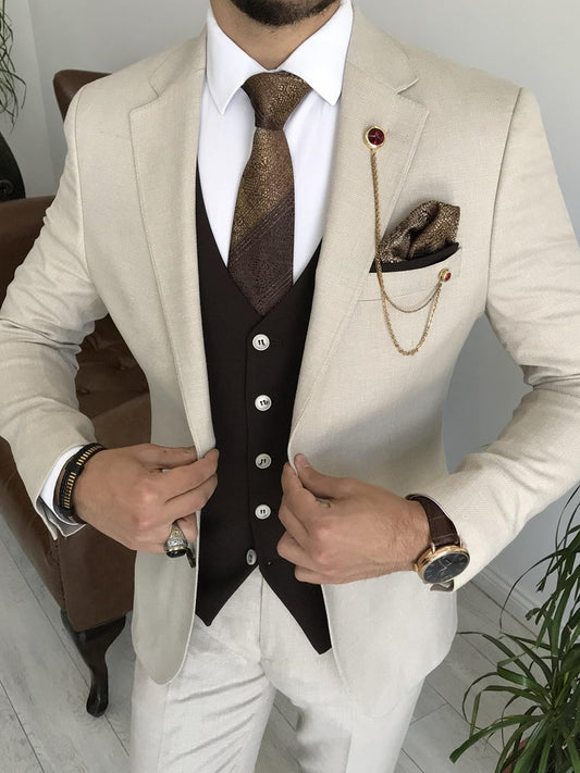 Mazonni Cagliari Beige Slim-Fit Suit 3-Piece