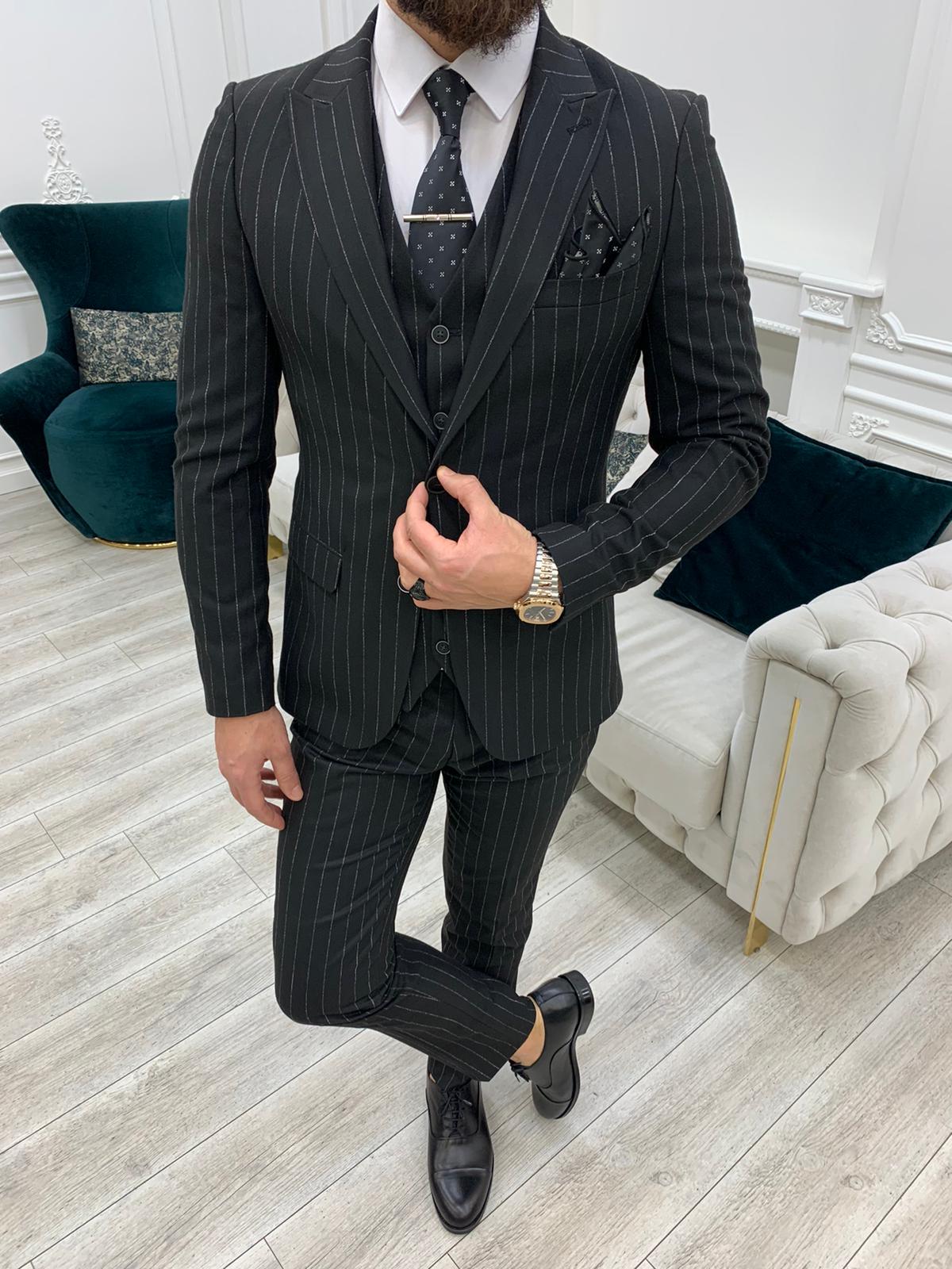 Mazonni Huntingron Striped Black Slim Fit Suit