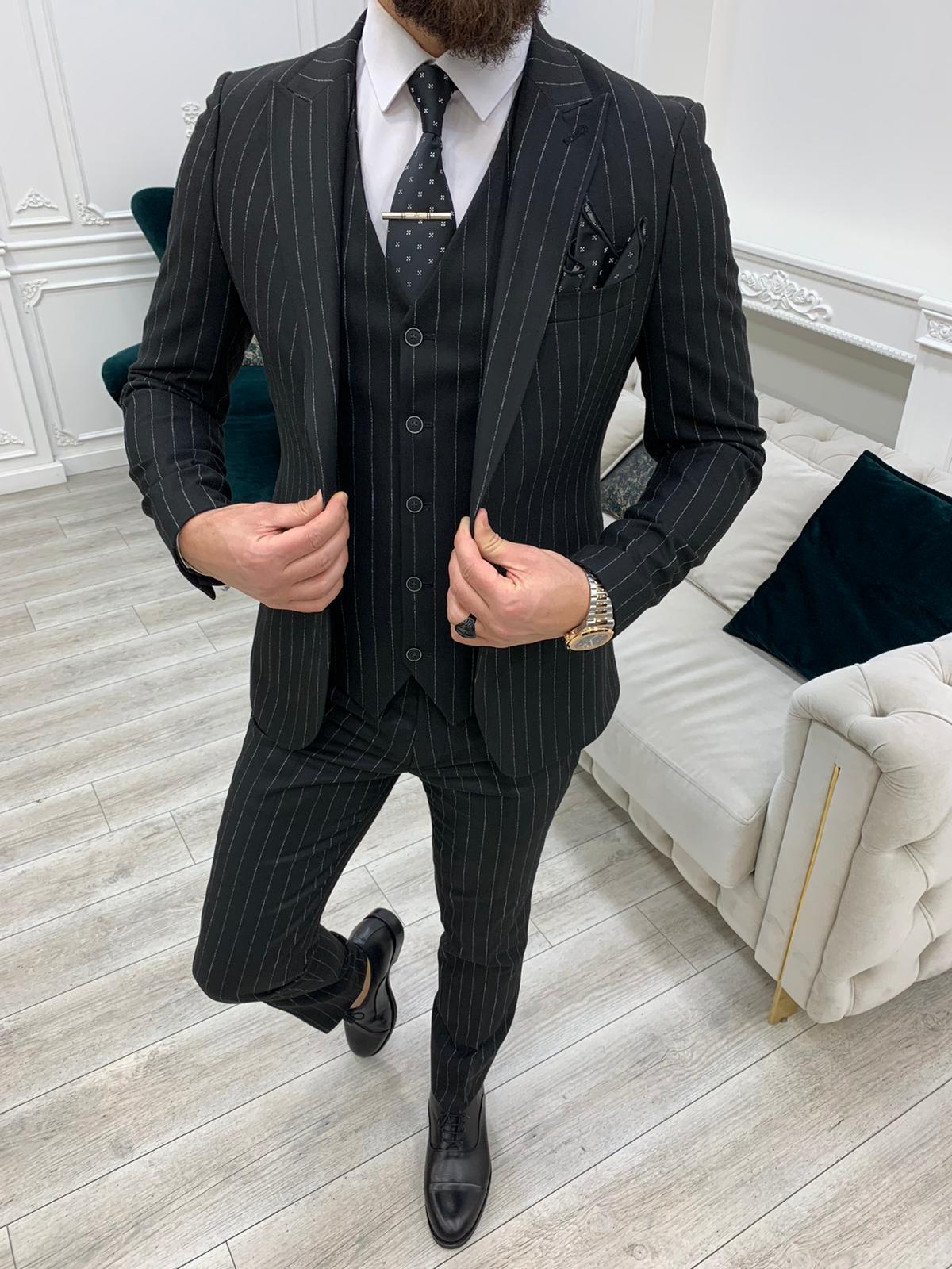 Mazonni Huntingron Striped Black Slim Fit Suit