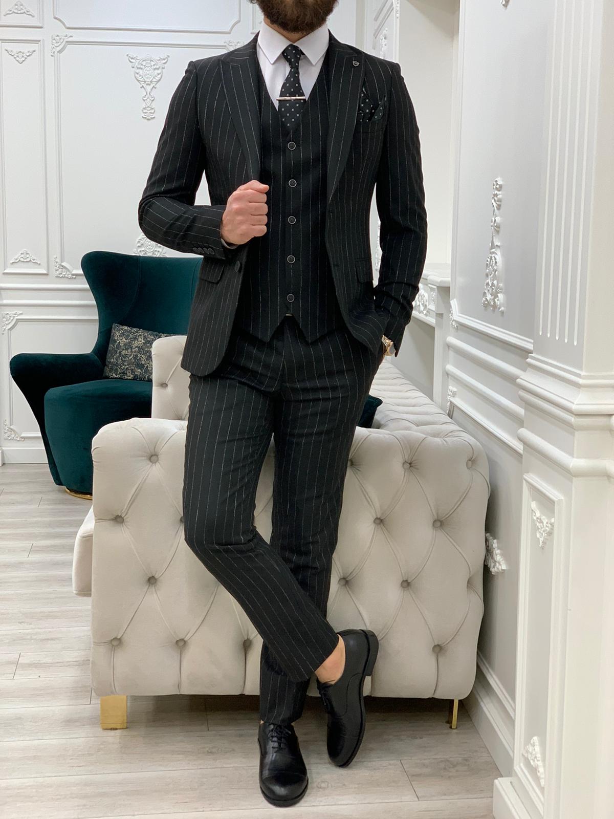 Mazonni Huntingron Striped Black Slim Fit Suit