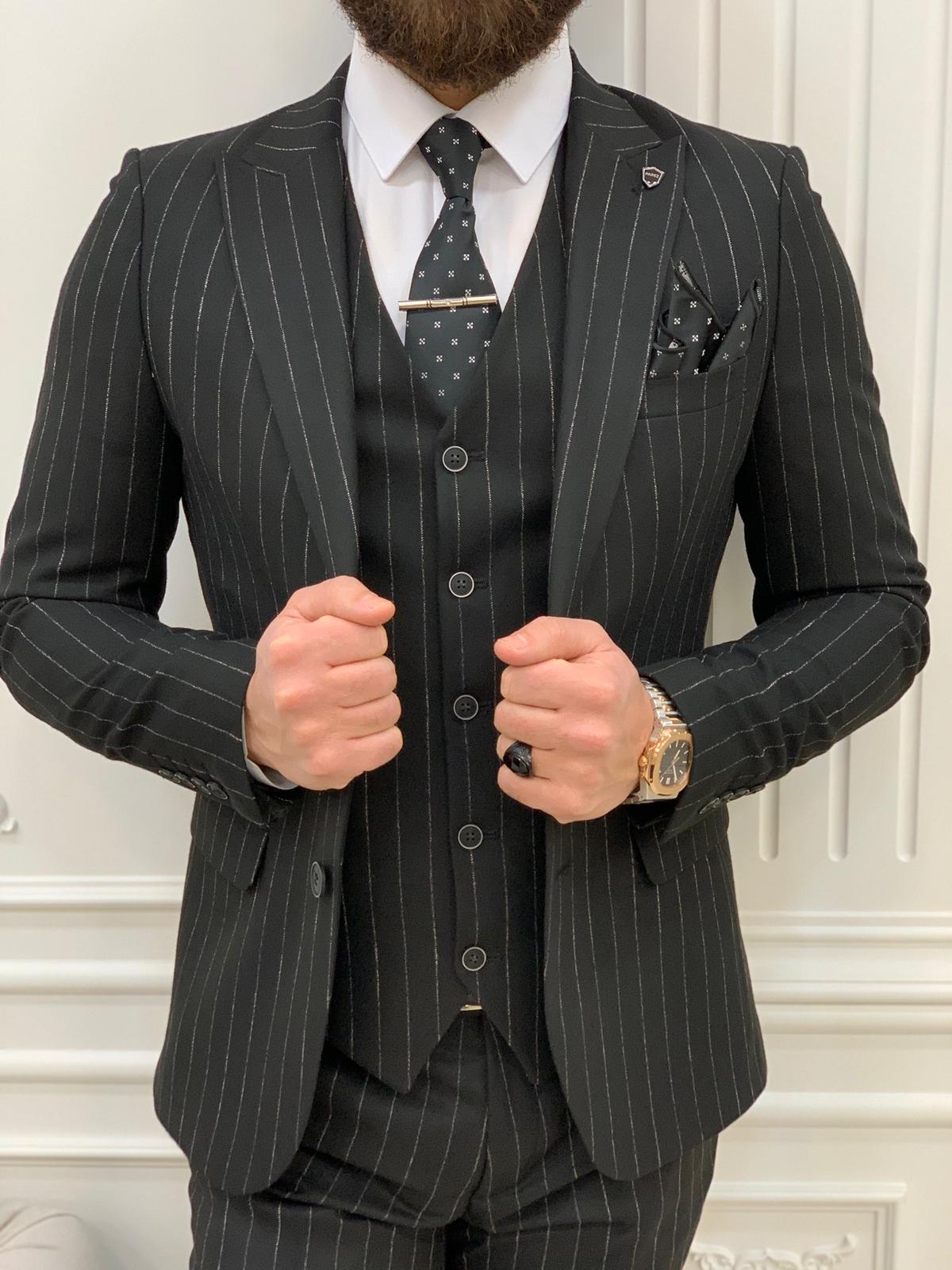 Mazonni Huntingron Striped Black Slim Fit Suit