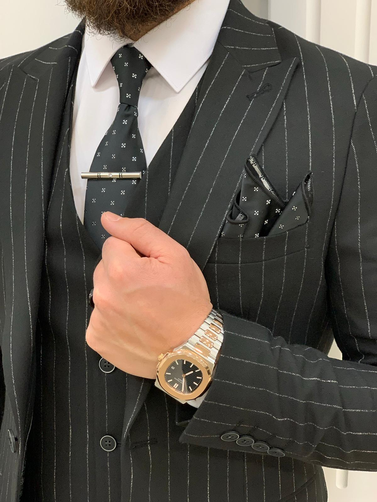 Mazonni Huntingron Striped Black Slim Fit Suit