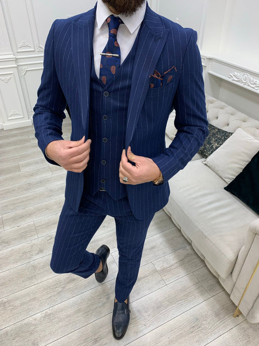 Mazonni Huntingron Striped Sax Slim Fit Suit