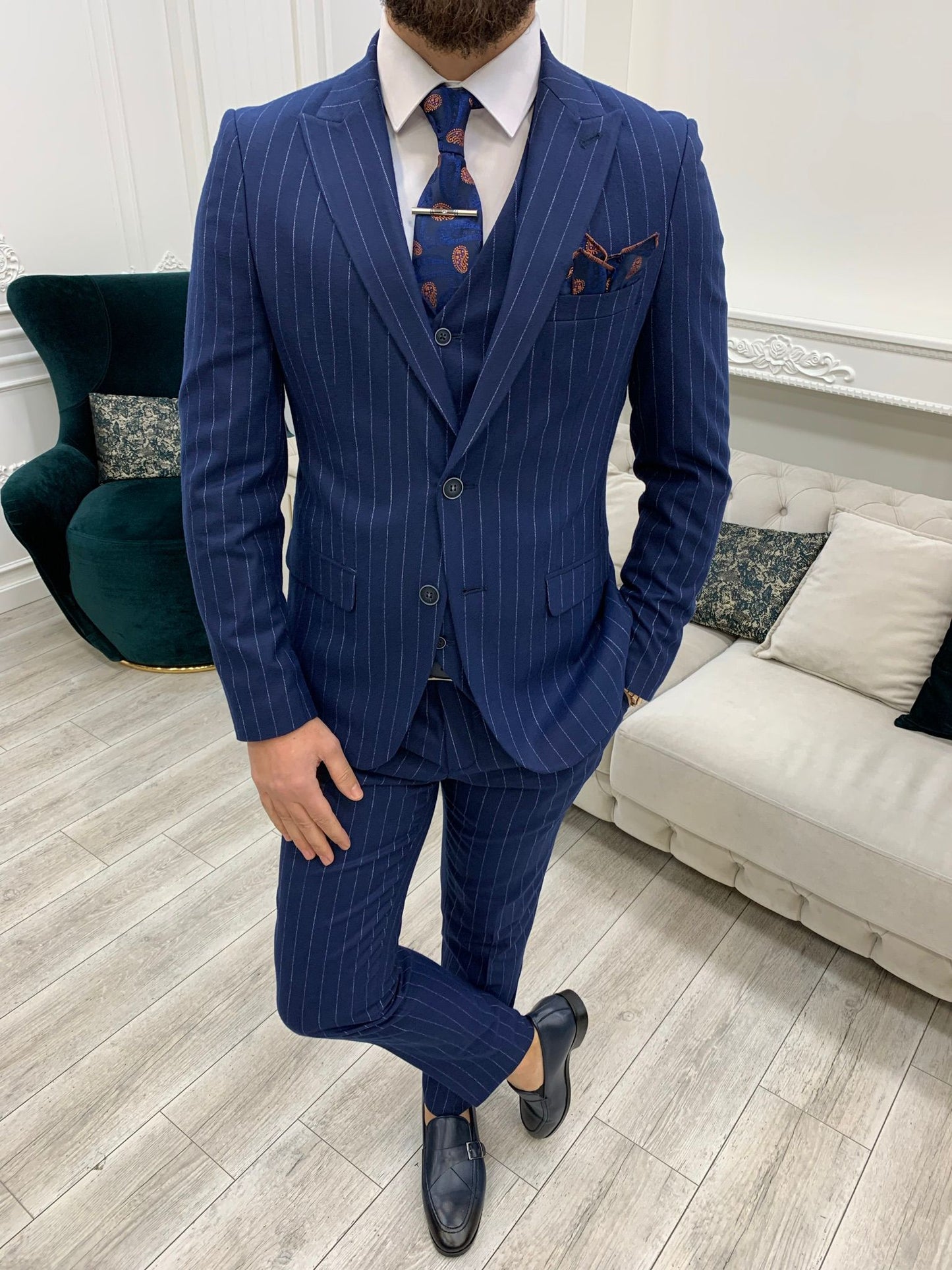 Mazonni Huntingron Striped Sax Slim Fit Suit