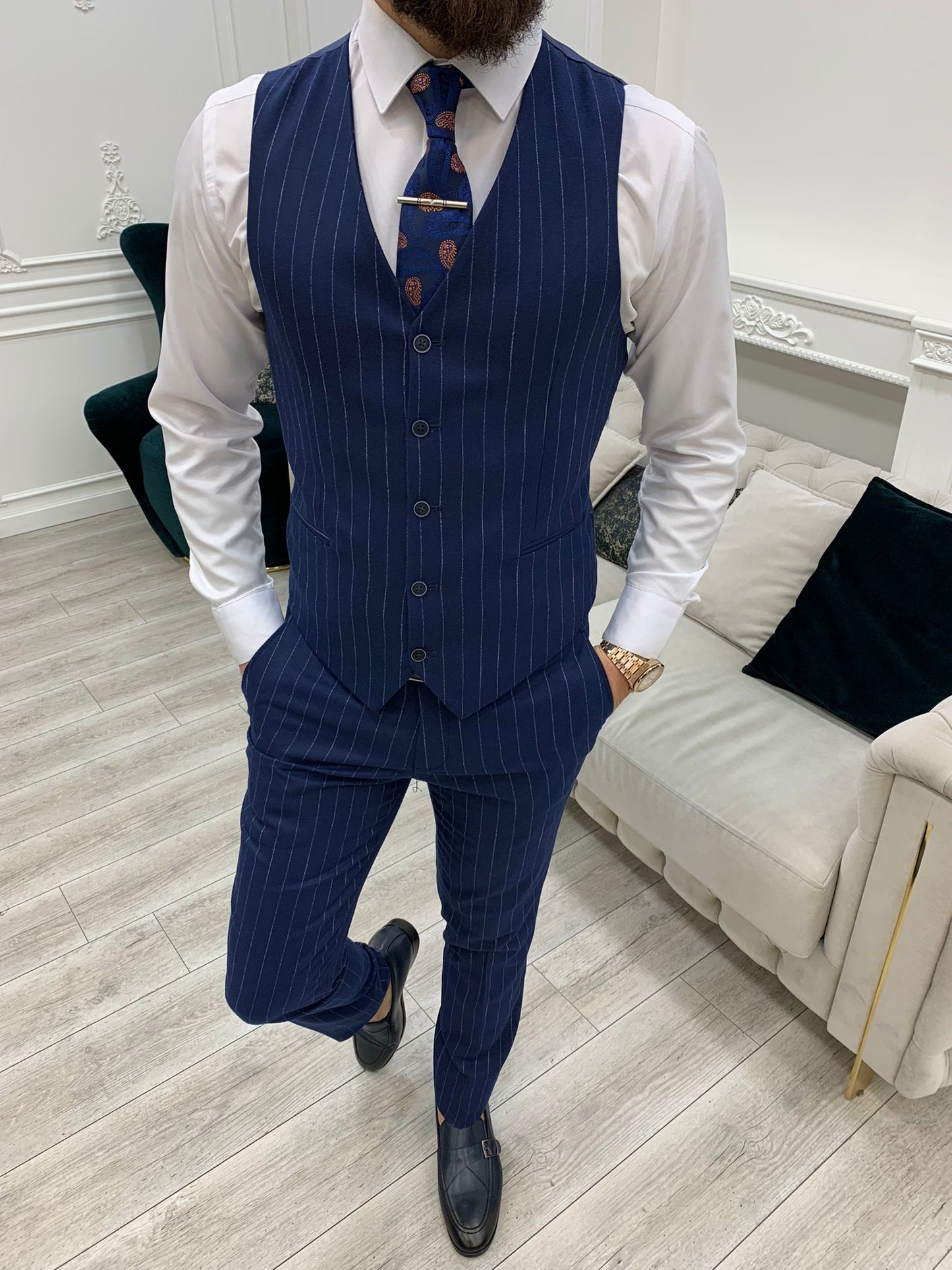 Mazonni Huntingron Striped Sax Slim Fit Suit