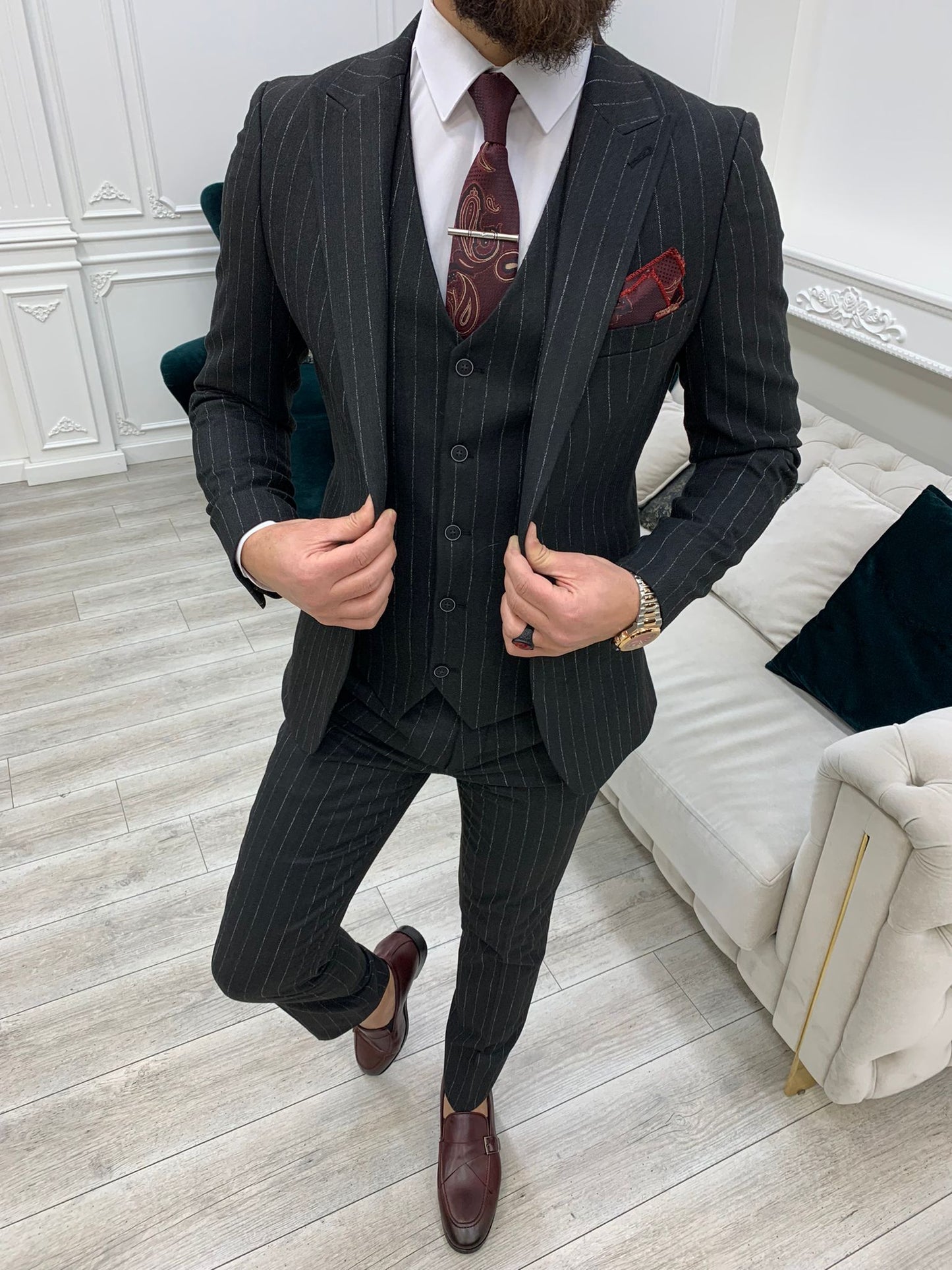 Mazonni Huntingron Striped Smoked Slim Fit Suit