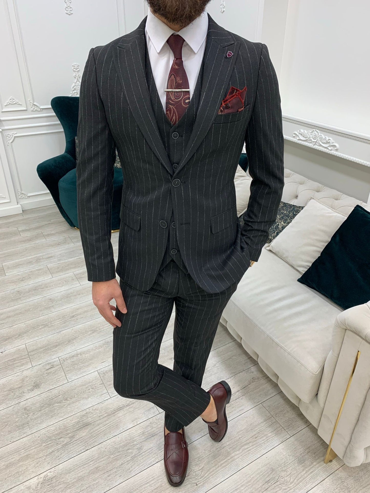 Mazonni Huntingron Striped Smoked Slim Fit Suit