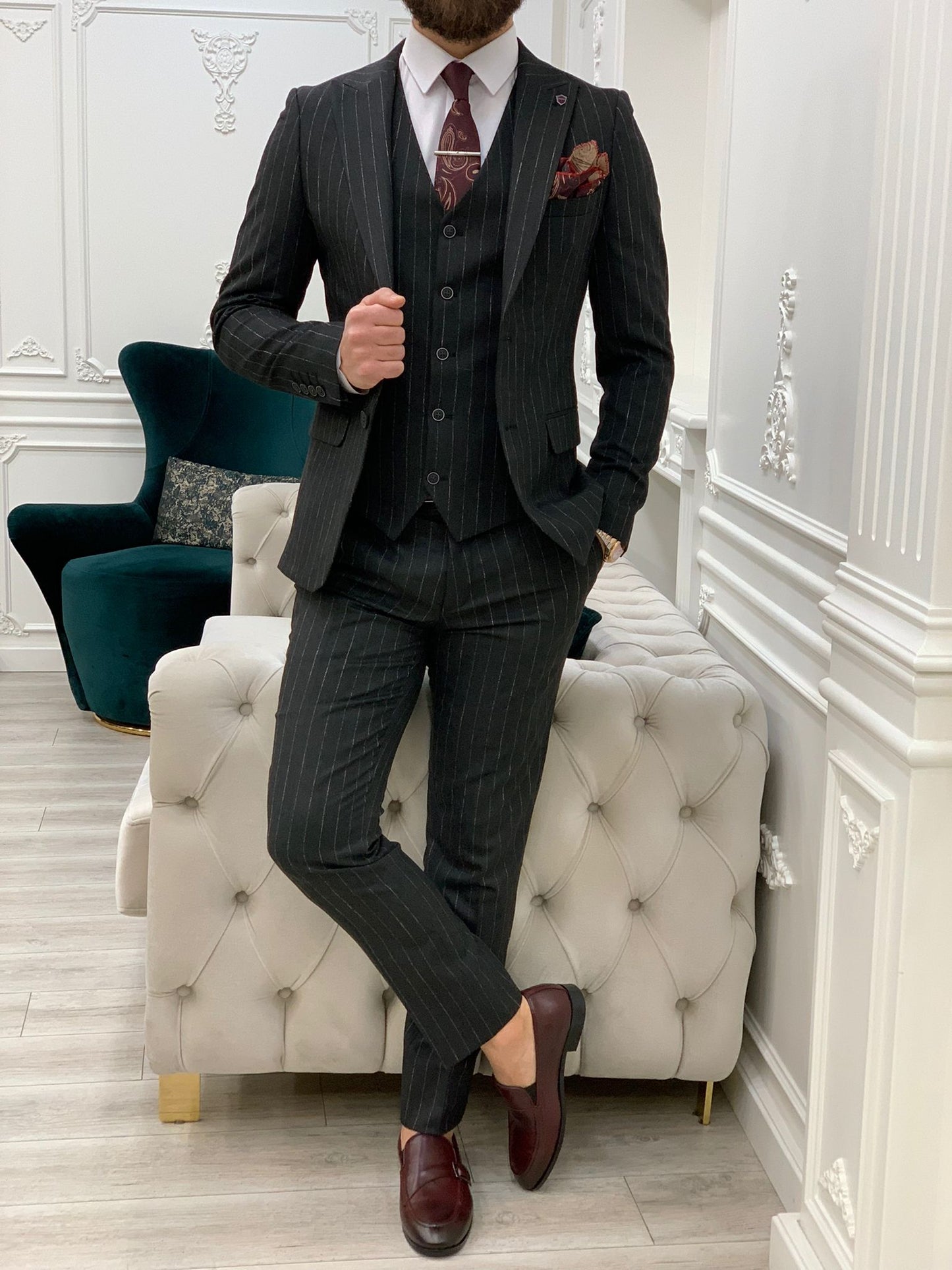 Mazonni Huntingron Striped Smoked Slim Fit Suit