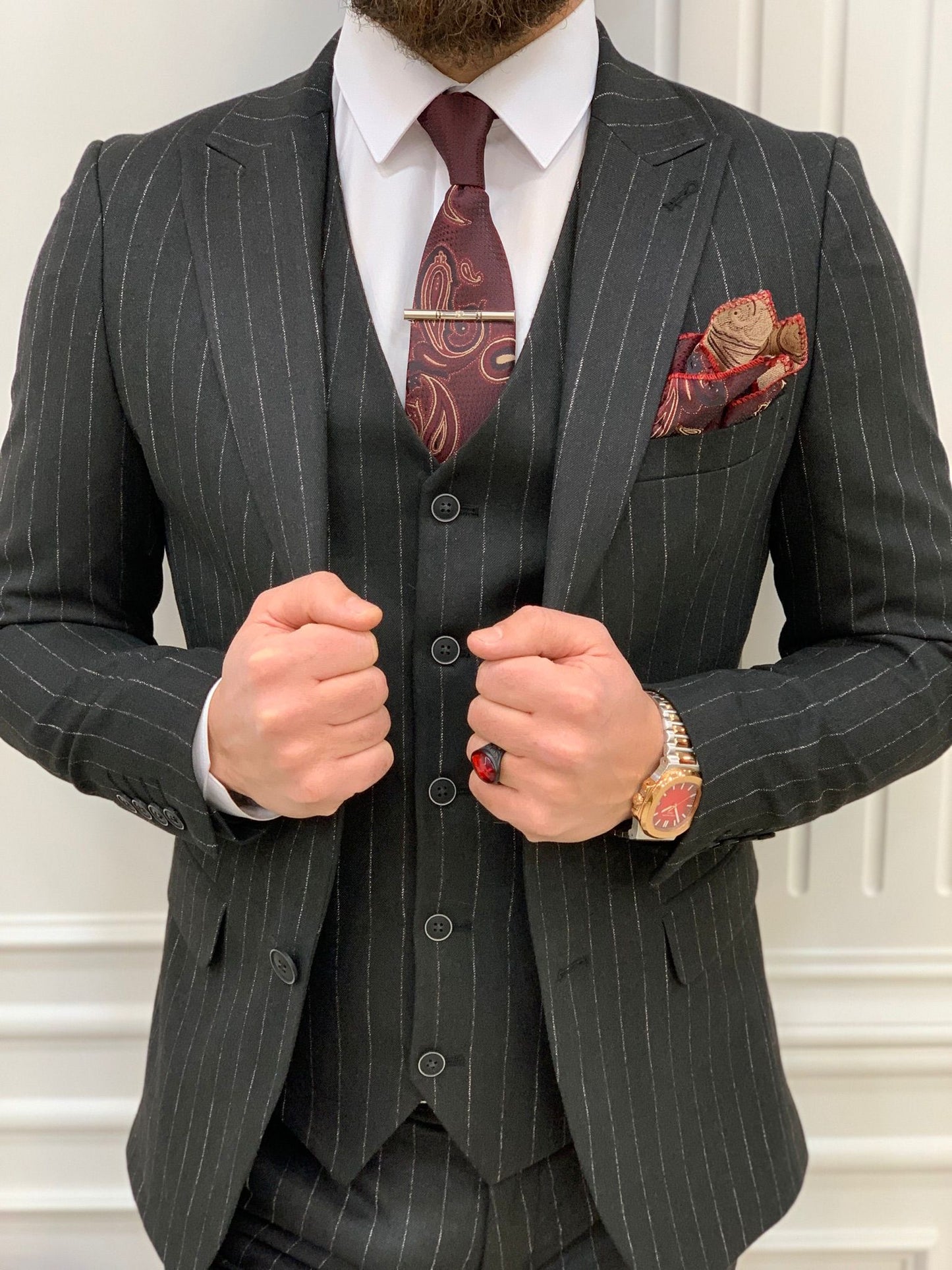 Mazonni Huntingron Striped Smoked Slim Fit Suit