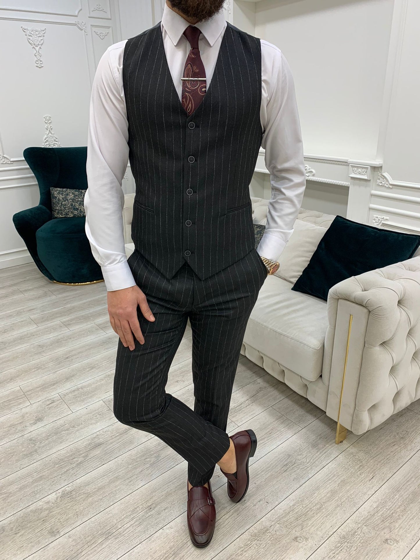 Mazonni Huntingron Striped Smoked Slim Fit Suit