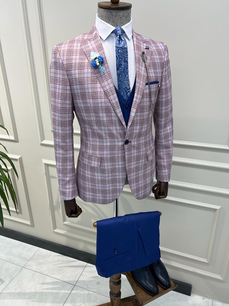 Benson Slim Fit Plaid Striped Combination Blue Suit