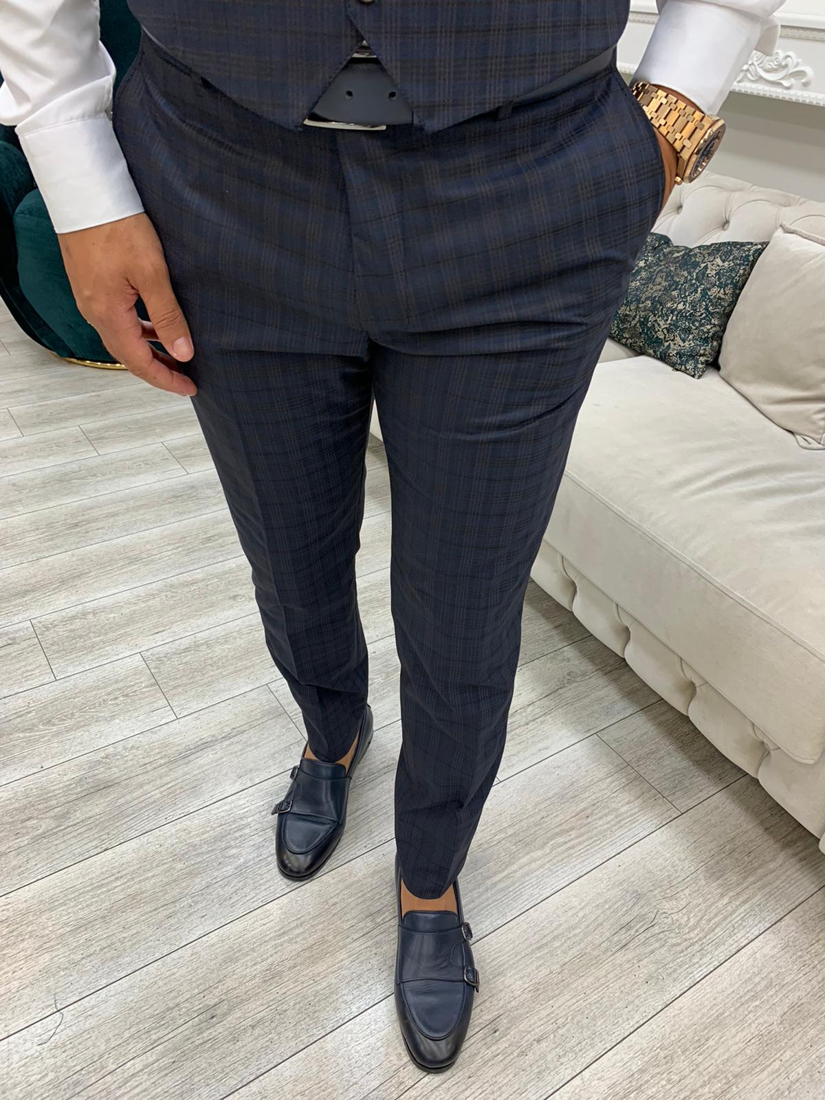 Mazonni Dayton Navy Blue  Plaid Slim Fit Suit