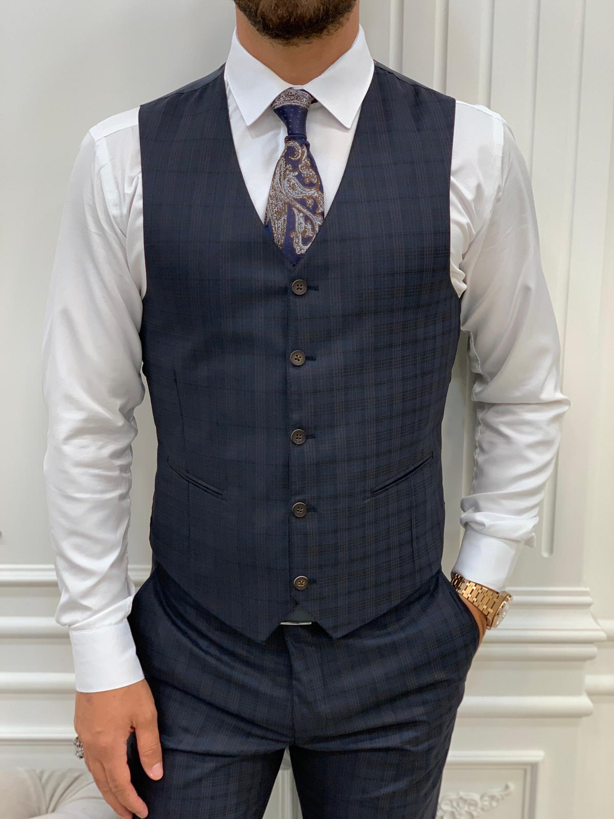 Mazonni Dayton Navy Blue  Plaid Slim Fit Suit