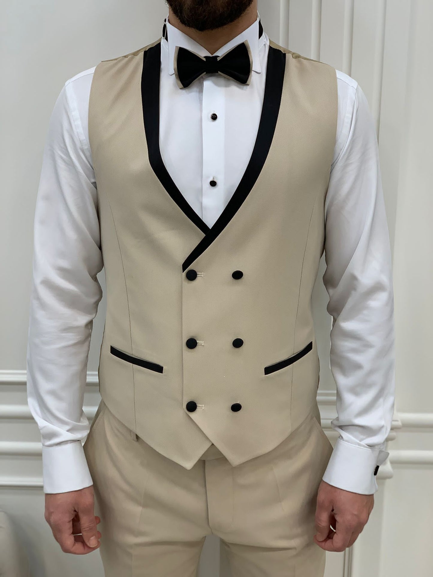 Mazonni Tishko Beige Shawl Collar Slim Fit Tuxedo