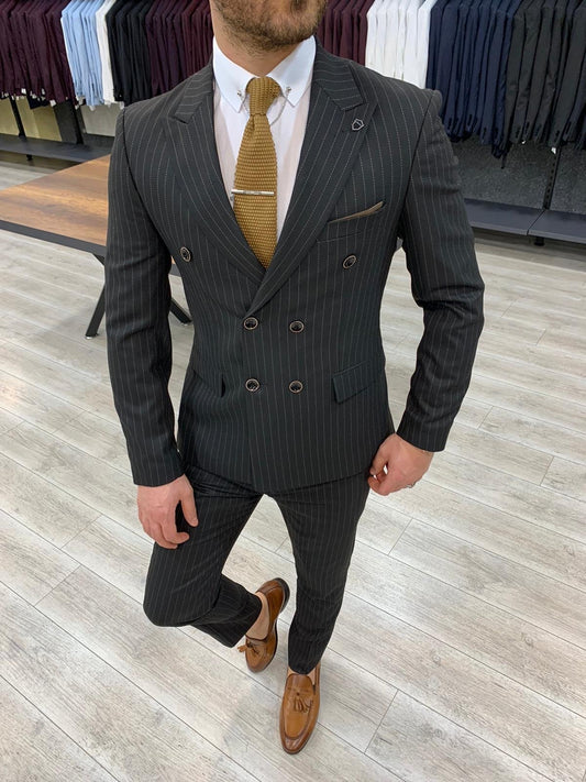 Zapali Black Double Breasted Slim Fit  Suit