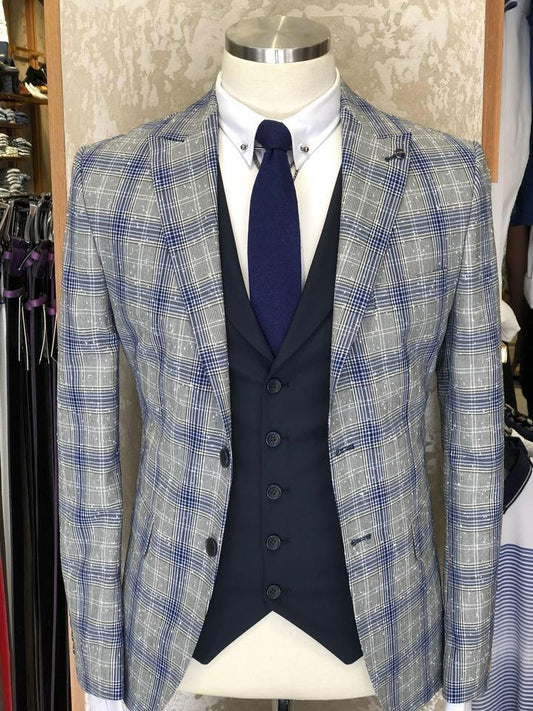 Slim-Fit Plaid Suit Vest Navy Blue