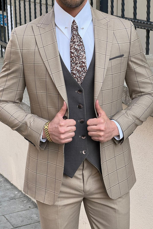 Mazonni Ravenna  Slim Fit Plaid Beige Woolen Combination Suit