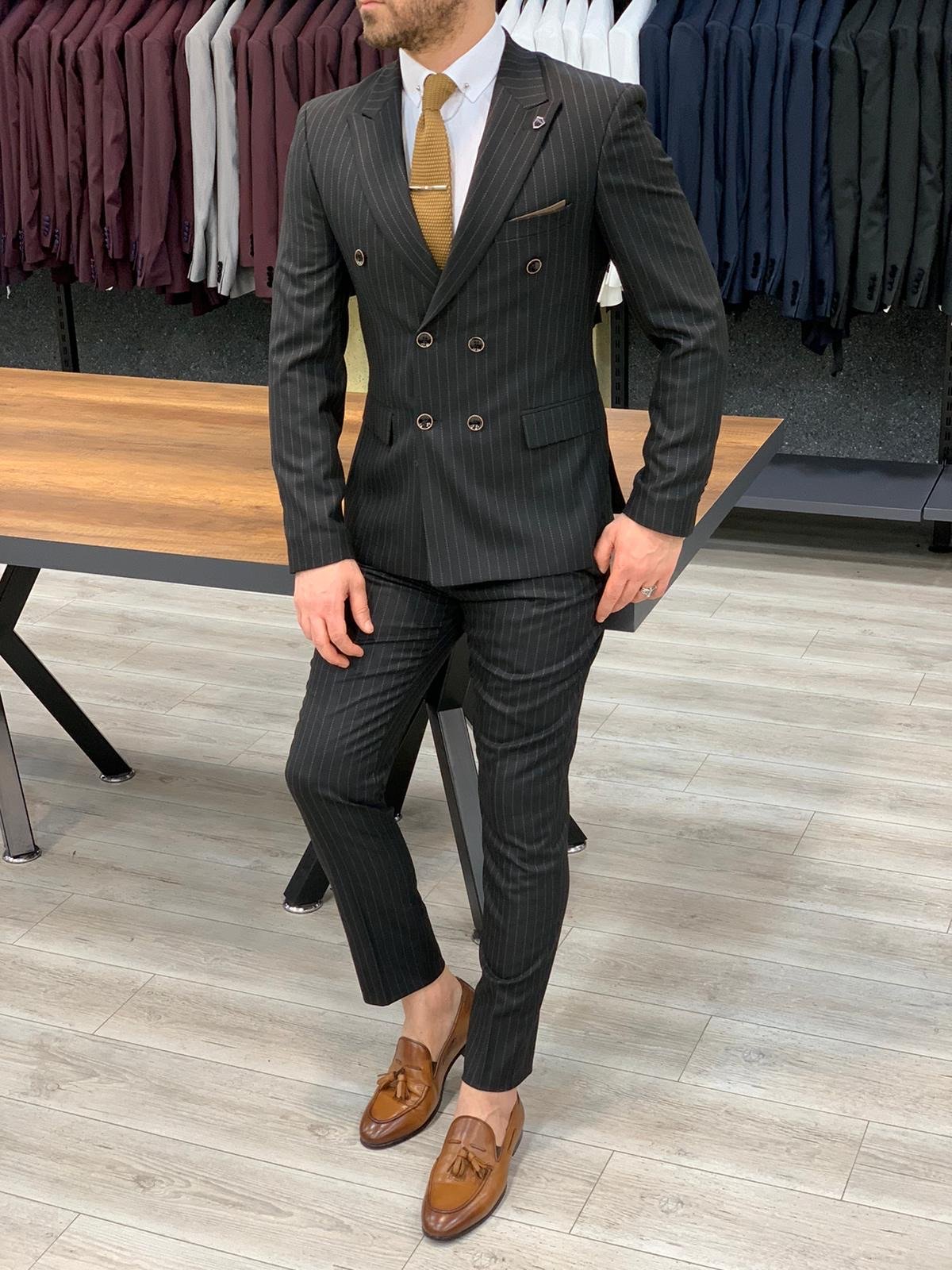 Zapali Black Double Breasted Slim Fit  Suit