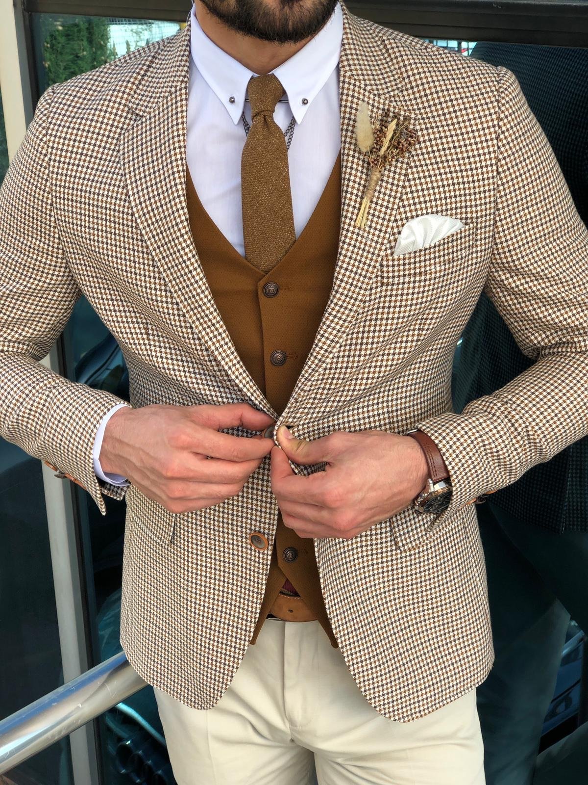 Slim-Fit Plaid Suit Vest Camel