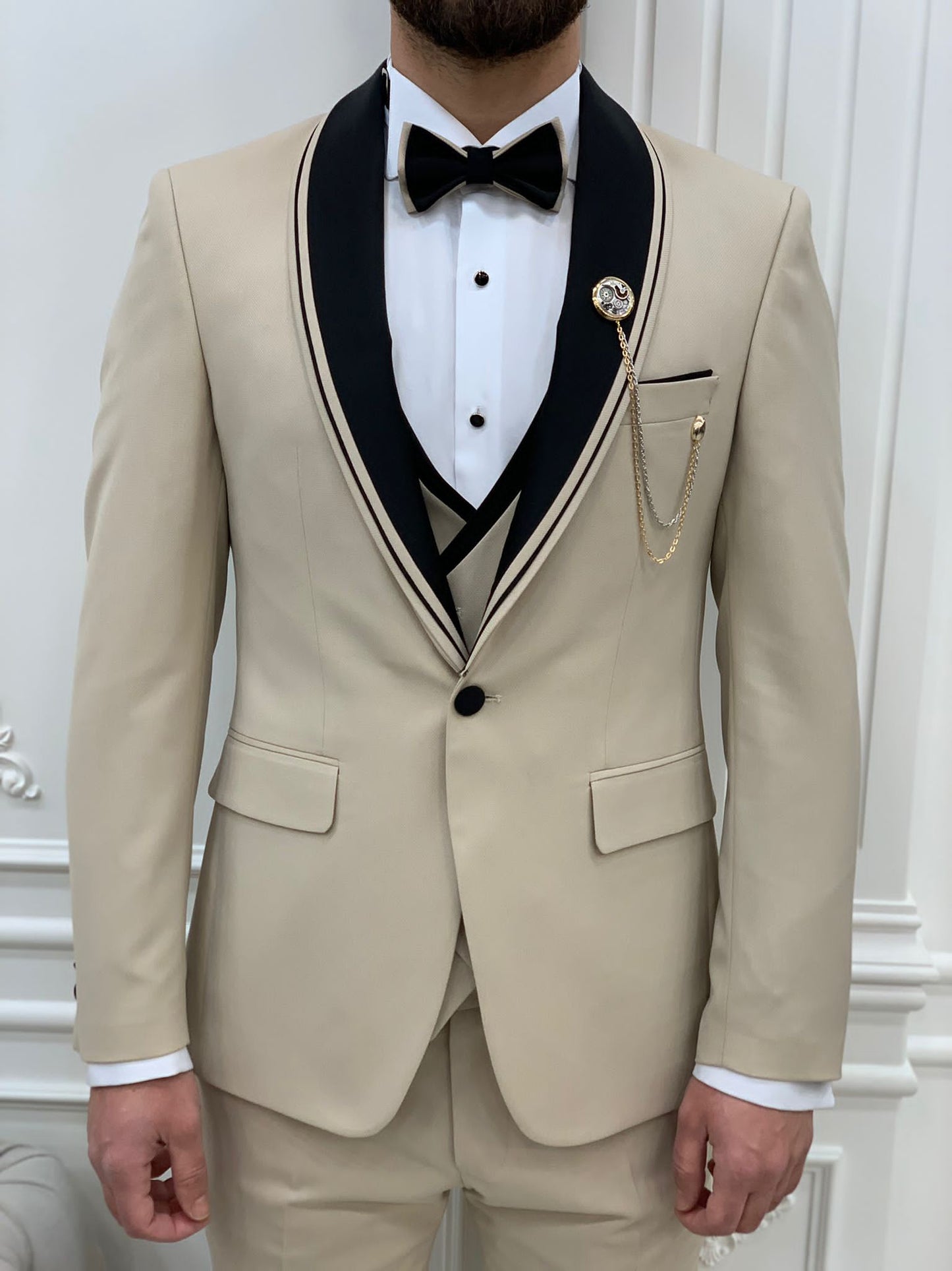 Mazonni Tishko Beige Shawl Collar Slim Fit Tuxedo