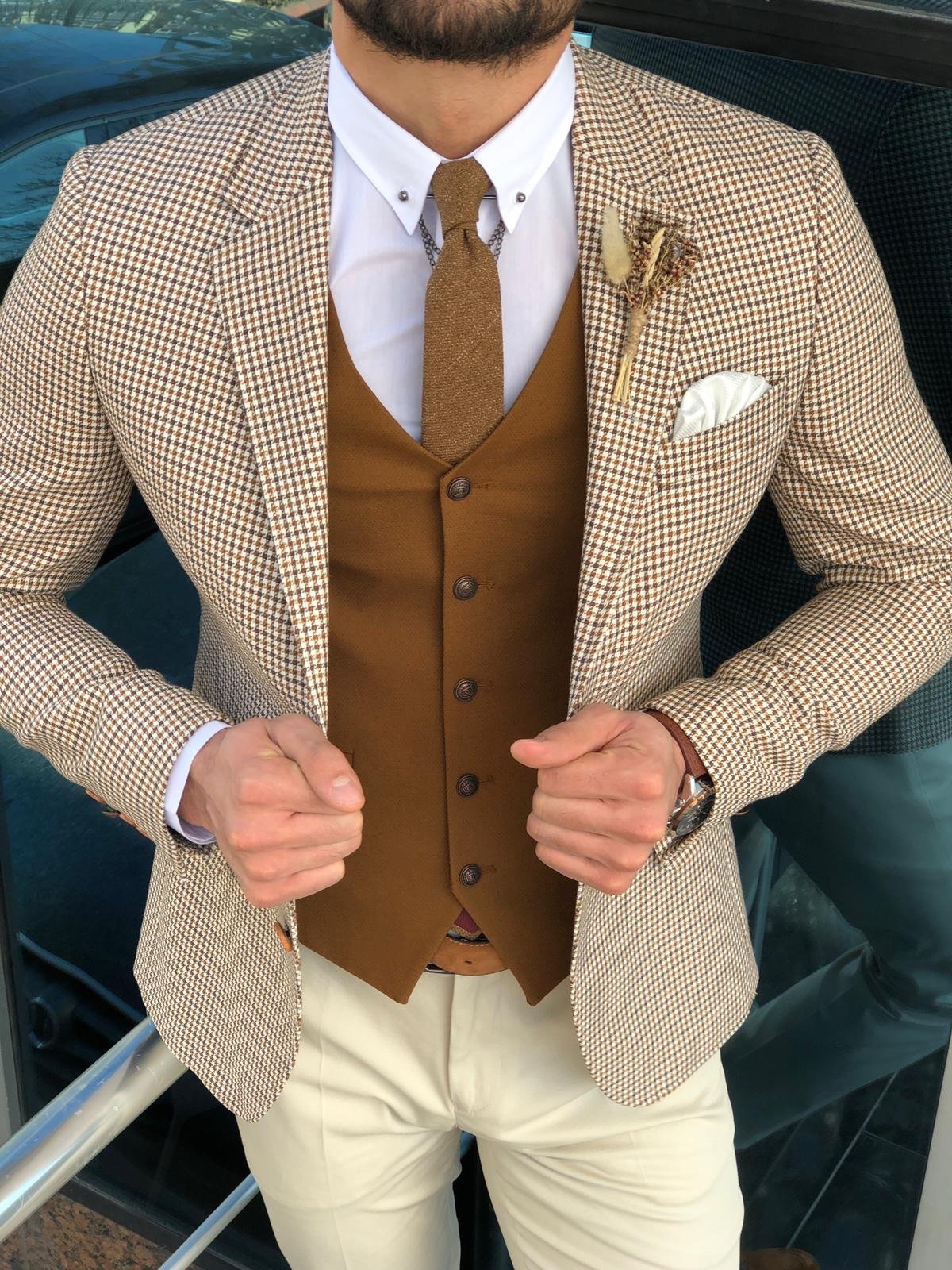 Slim-Fit Plaid Suit Vest Camel