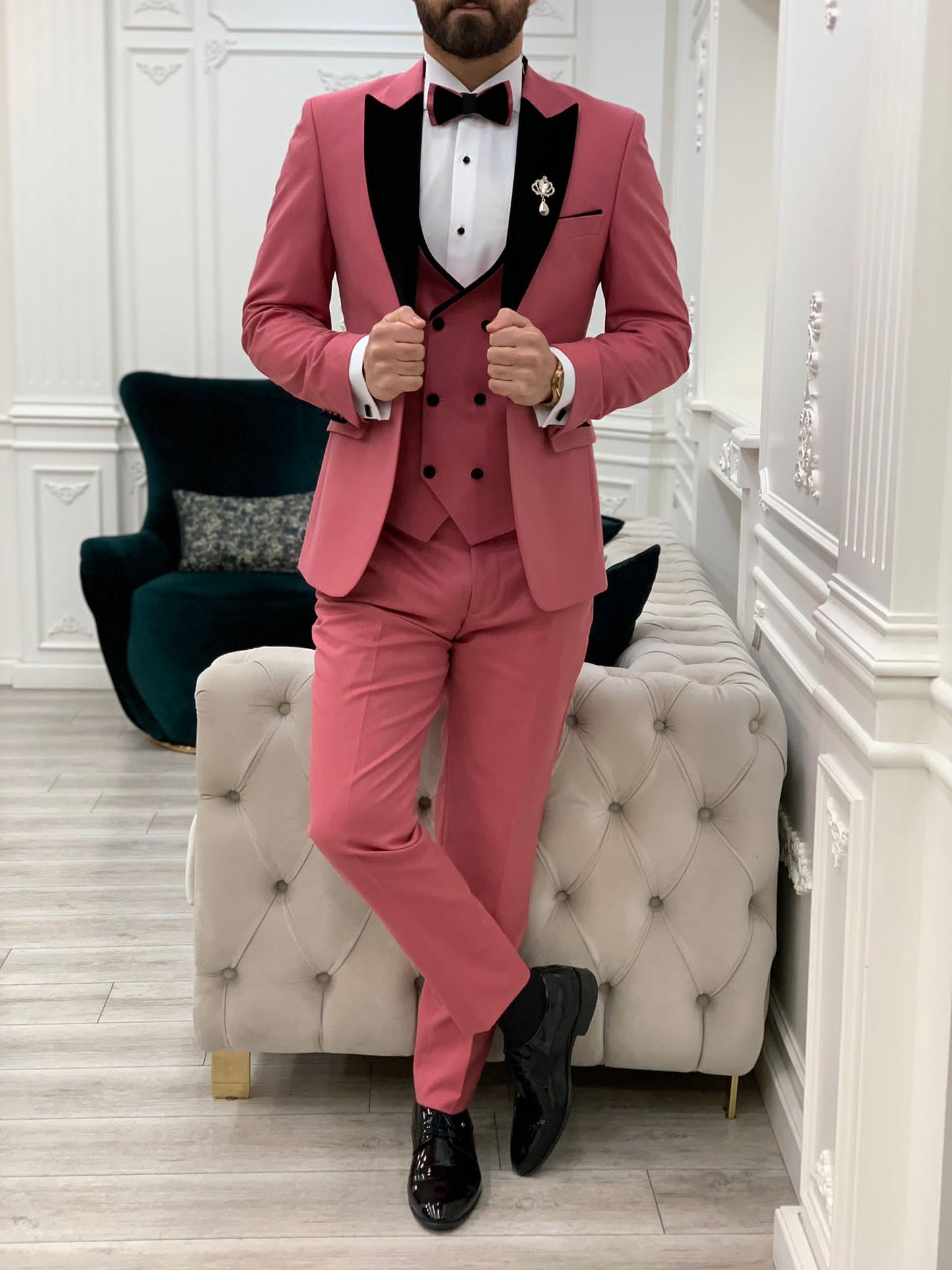 Mazonni Tishko Pink Velvet  Slim Fit Tuxedo