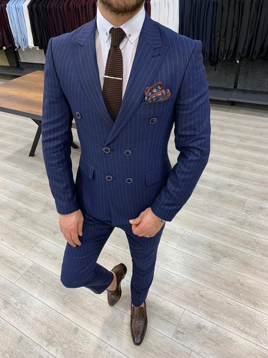 Zapali Navy Blue Double Breasted Slim Fit  Suit