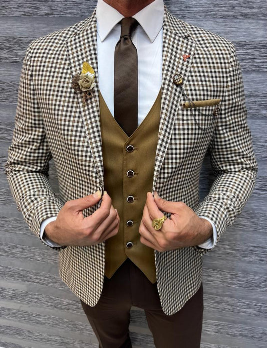 Mazonni Shagori Slim Fit Plaid Brown  Suit