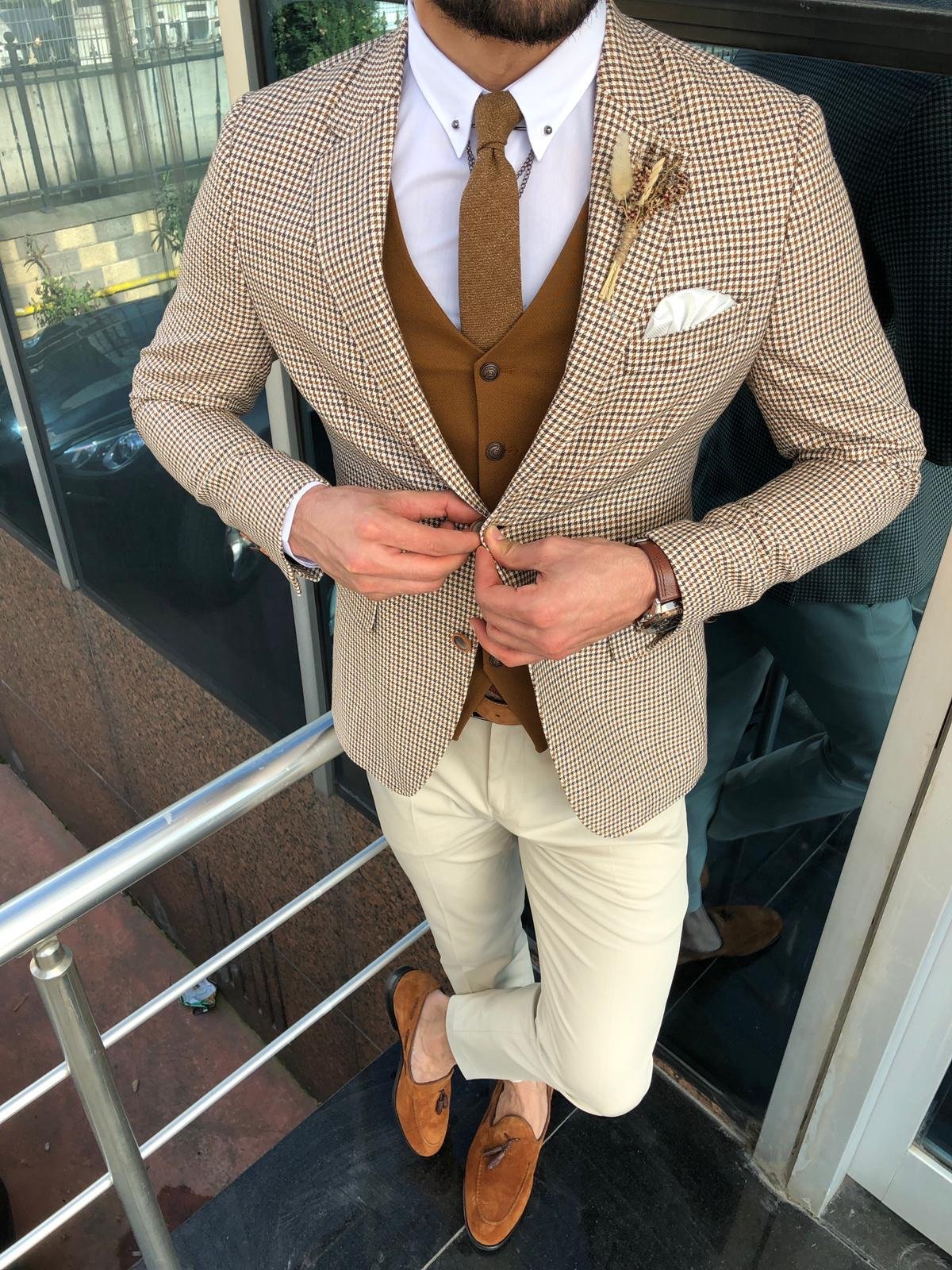 Slim-Fit Plaid Suit Vest Camel