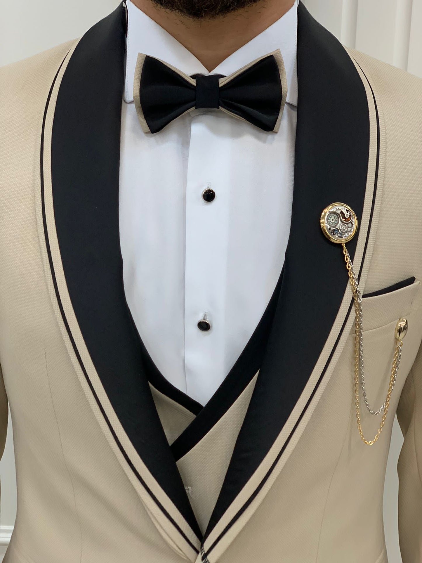 Mazonni Tishko Beige Shawl Collar Slim Fit Tuxedo