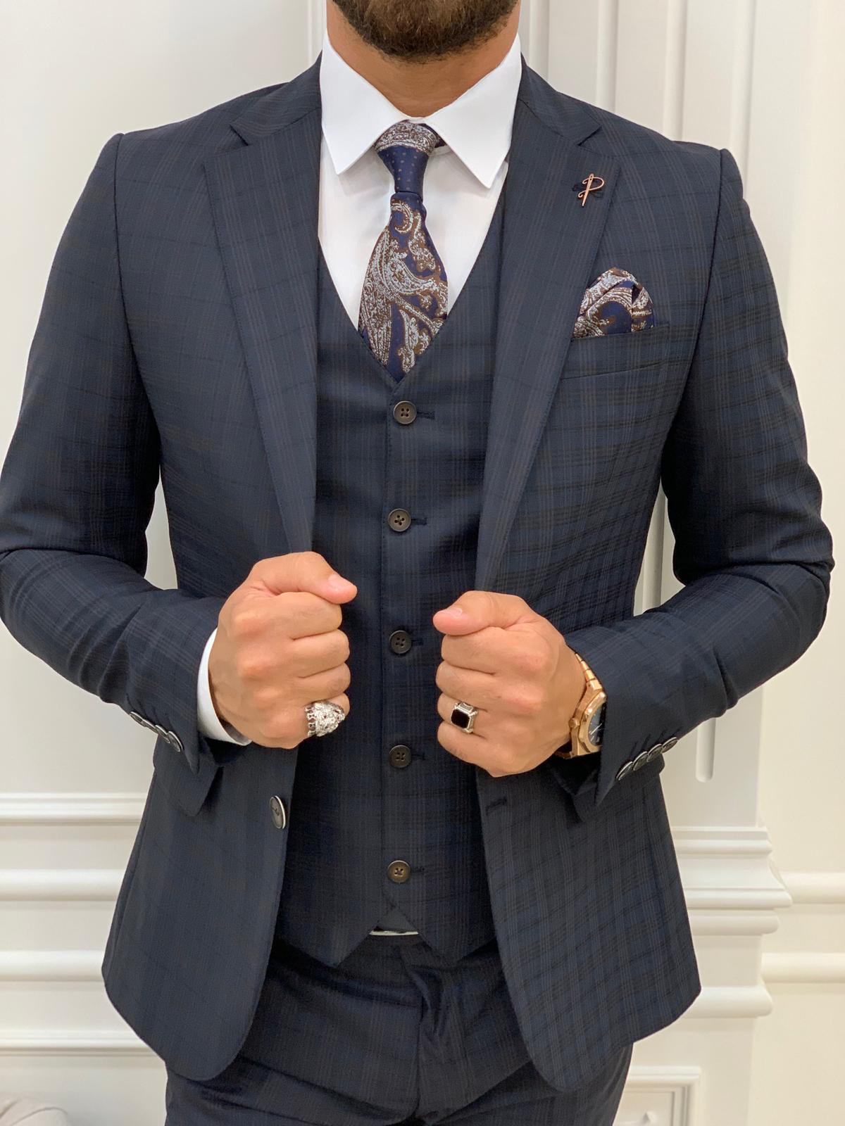 Mazonni Dayton Navy Blue  Plaid Slim Fit Suit