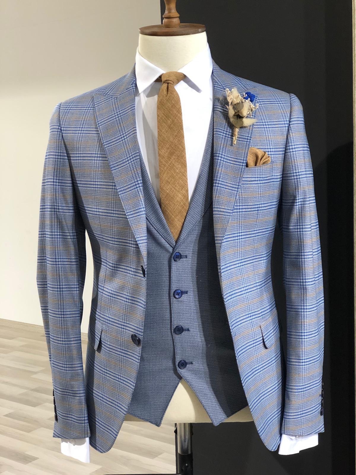 Slim-Fit Plaid Suit Vest Indigo